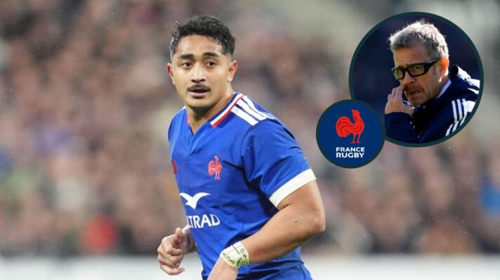 Yoram Moefana and an inset of France head coach Fabien Galthie.