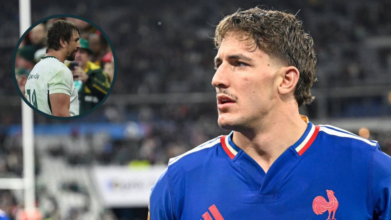 France flanker Oscar Jegou and Springboks lock Eben Etzebeth (inset).