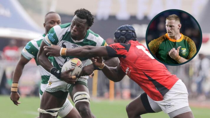 Tino Mavesere of Zimbabwe and an inset of Jean-Luc du Preez playing for South Africa A.