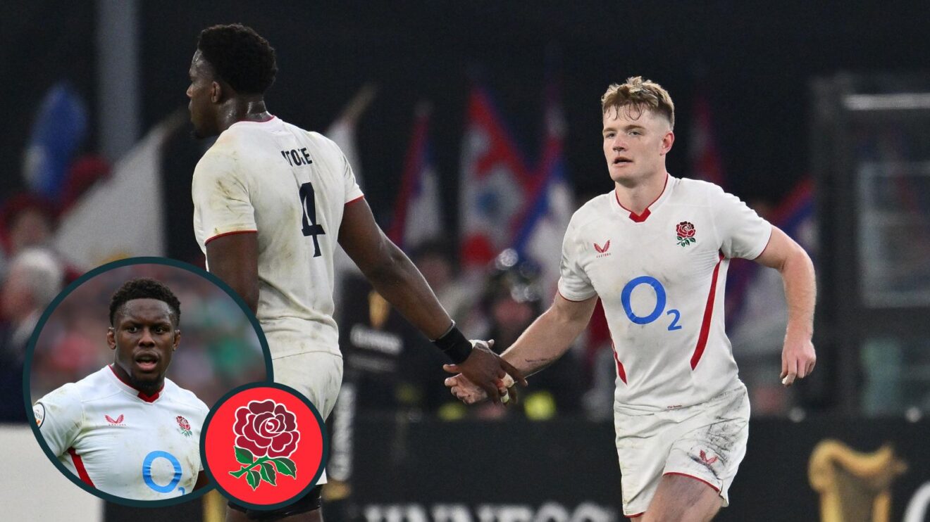 A two layered image of Maro Itoje and Fin Smith
