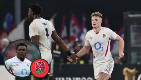 A two layered image of Maro Itoje and Fin Smith