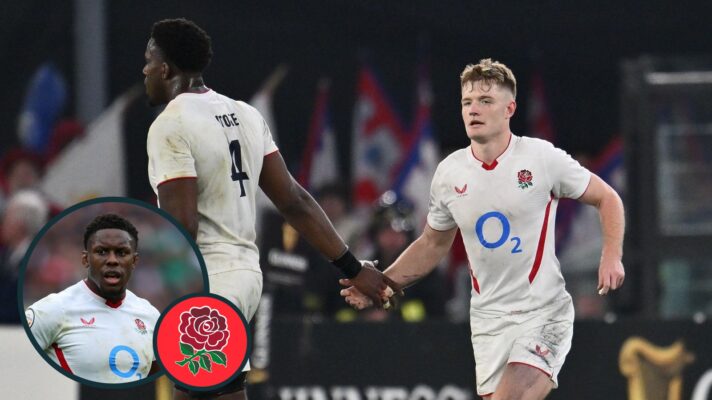 A two layered image of Maro Itoje and Fin Smith