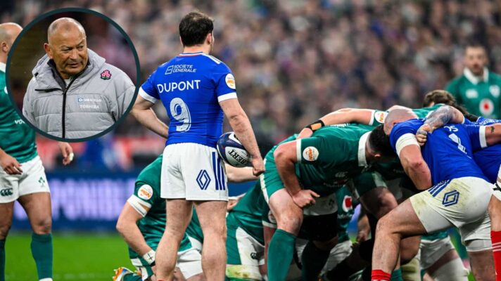 A scrum between Ireland and France with an inset of Eddie Jones.