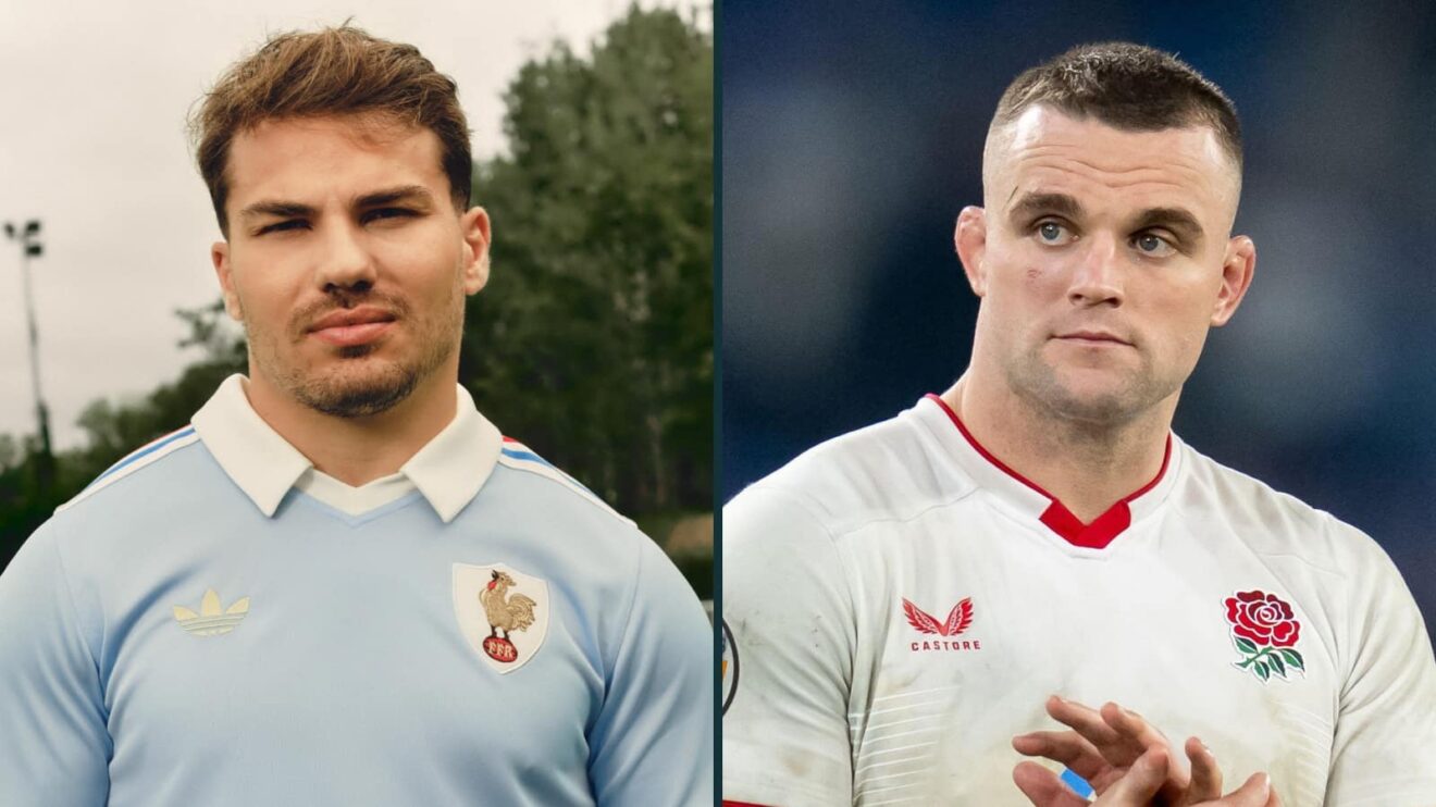 France's Antoine Dupont and England's Ben Earl.