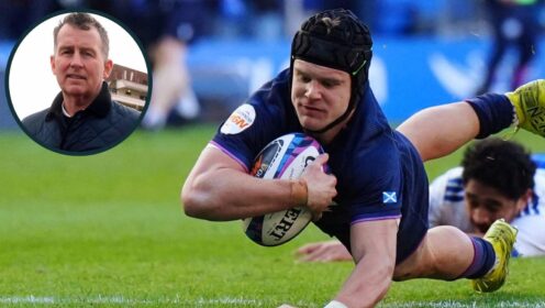 Darcy Graham try against France in brilliant Six Nations clash and former Test referee Nigel Owens (inset).