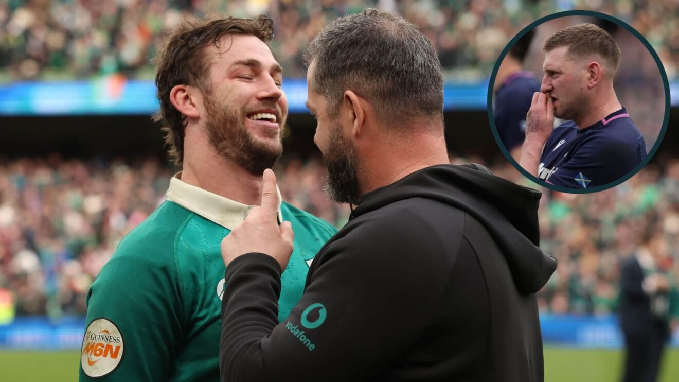 Ireland head coach Andy Farrell celebrates with Caelan Doris and an inset of Scotland's Finn Russell