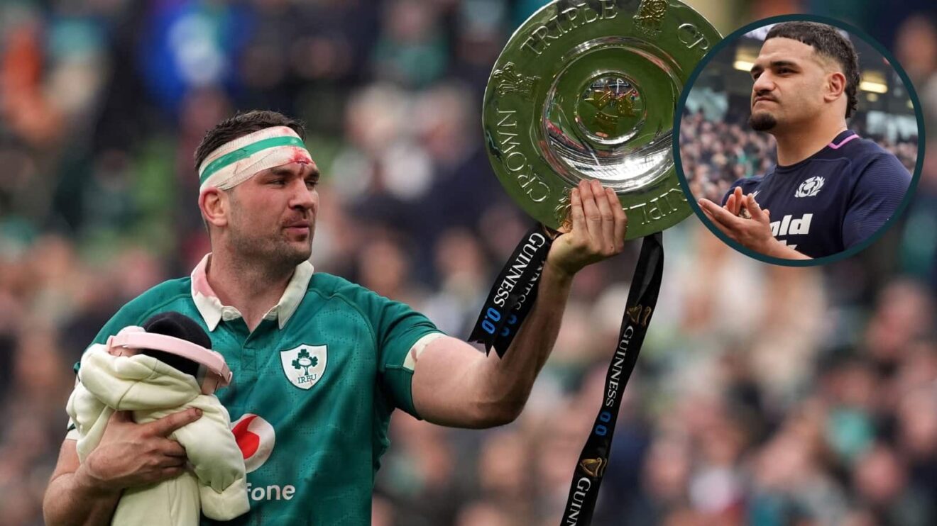 Ireland's Tadhg Beirne celebrates with the Triple Crown trophy and an inset of Scotland captain Sione Tuipulotu.