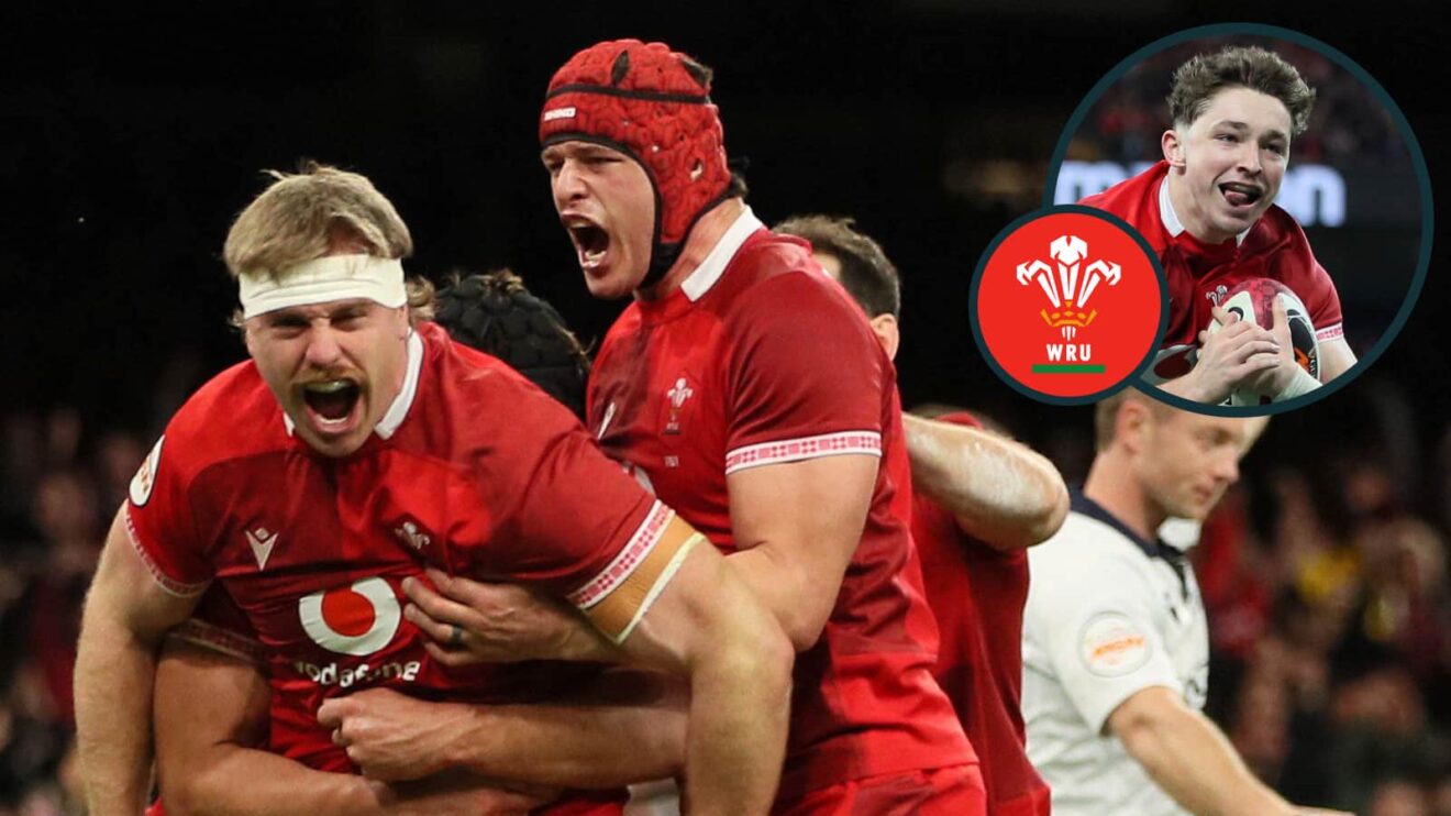 Wales celebrate Aaron Wainwright's try against Italy and Dan Edwards touches down (inset).