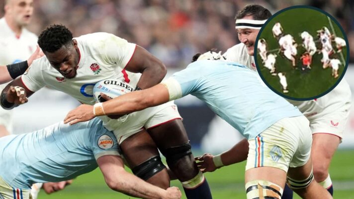England captain Maro Itoje and an inset of a scrum between France and England.