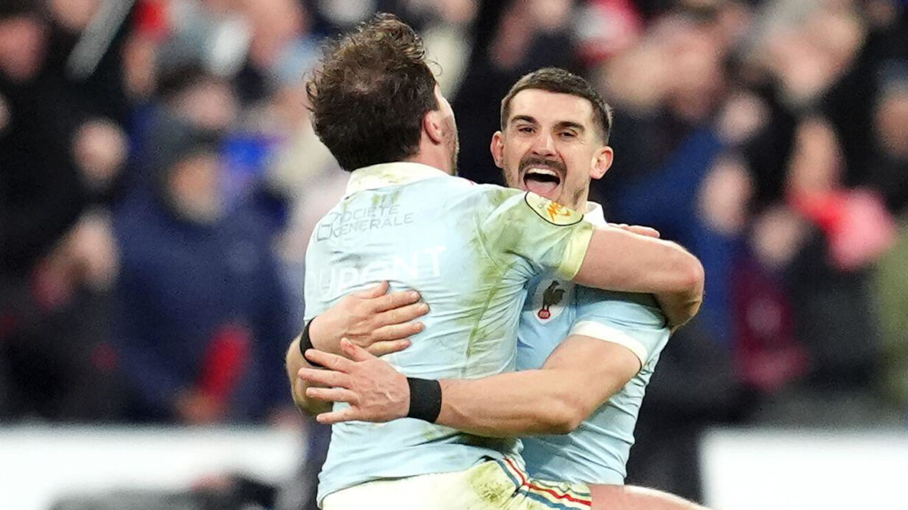 Thomas Ramos celebrates after kicking winning penalty for France against England.