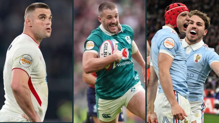 England's Ben Earl (left), Stuart McCloskey (middle) of Ireland and France duo Louis Bielle-Biarrey and Antoine Dupont (right) in action during the 2026 Six Nations.