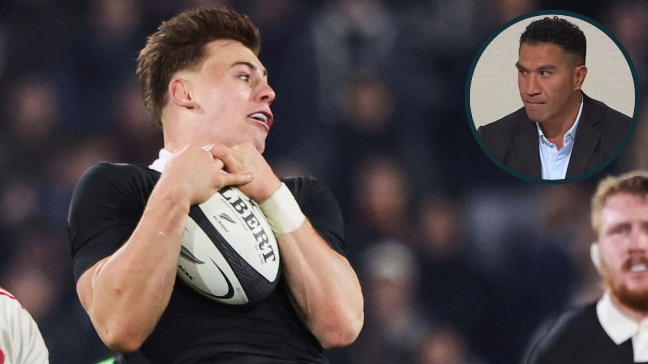 Ruben Love taking a high ball for the All Blacks and New Zealand Test centurion Mils Muliaina (inset).