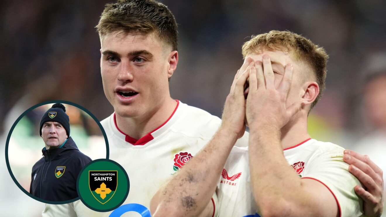 A two layered image of Tommy Freeman, Fin Smith and Phil Dowson