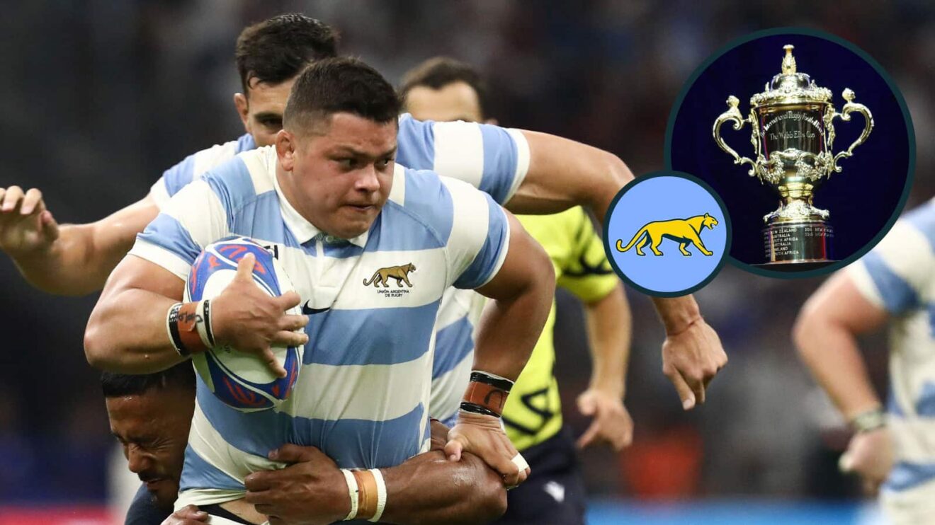 Argentina in action during the 2023 Rugby World Cup and the Webb Ellis Cup (inset).
