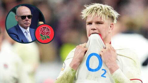 England back-rower Henry Pollock and former head coach Sir Clive Woodward (inset).