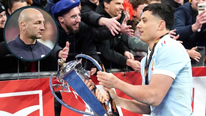 Louis Bielle-Biarrey with the Six Nations trophy and England head coach Steve Borthwick (inset).