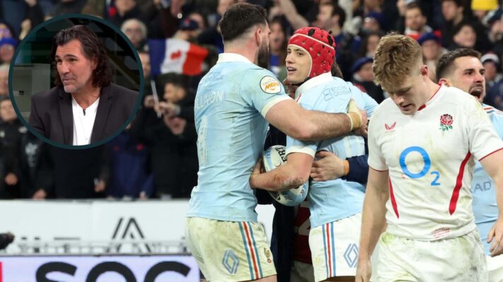 France celebrate try against England and Springboks legend Victor Matfield (inset).