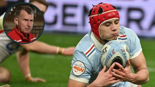 Louis Bielle-Biarrey scoring his controversial fourth try and former referee Nigel Owens (inset).
