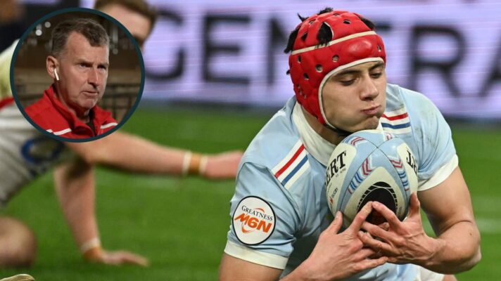 Louis Bielle-Biarrey scoring his controversial fourth try and former referee Nigel Owens (inset).