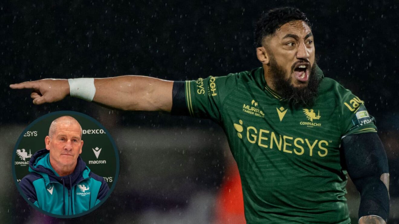 Bundee Aki in action for Connacht and the Irish province's head coach Stuart Lancaster (inset).