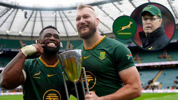 Springboks celebrating their Rugby Championship victory and their head coach Rassie Erasmus (inset).