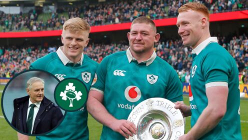 two layer image of Ireland's Triple Crown and Joe Schmidt