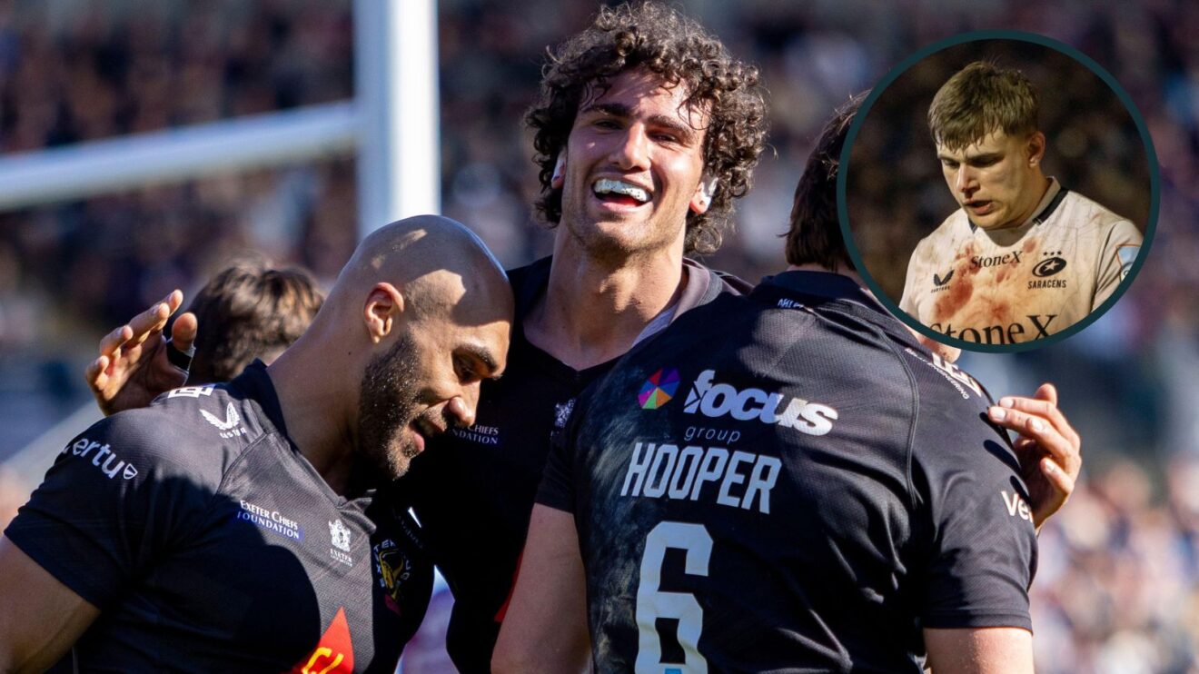 A two layered image of Exeter Chiefs players and Theo Dan