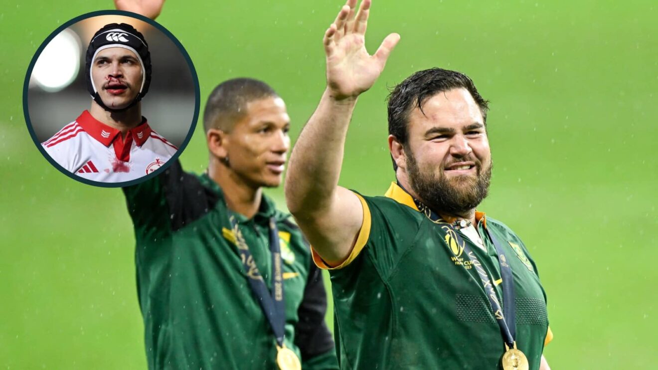 Springboks prop Frans Malherbe and an inset of Munster winger Thaakir Abrahams.