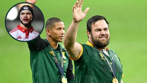 Springboks prop Frans Malherbe and an inset of Munster winger Thaakir Abrahams.