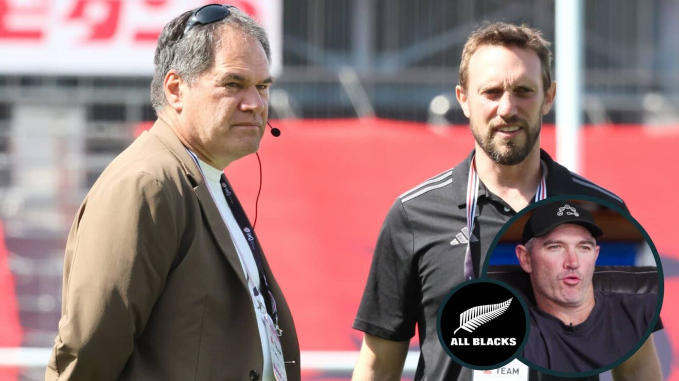 All Blacks head coach Dave Rennie alongside his assistant Mike Blair, and former New Zealand playmaker Stephen Donald (inset).