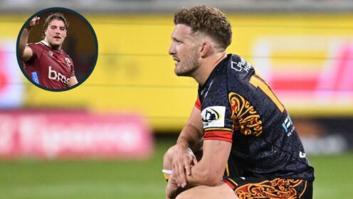 Reds flanker Fraser McReight (inset) and Chiefs utility back Damian McKenzie.