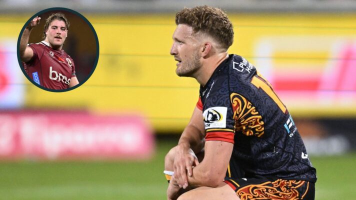 Reds flanker Fraser McReight (inset) and Chiefs utility back Damian McKenzie.