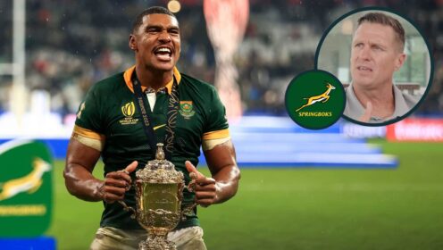 Double Rugby World Cup winner Damian Willemse with the Webb Ellis Cup and Springboks legend Jean de Villiers (inset).
