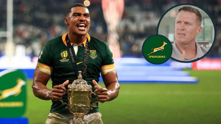 Double Rugby World Cup winner Damian Willemse with the Webb Ellis Cup and Springboks legend Jean de Villiers (inset).