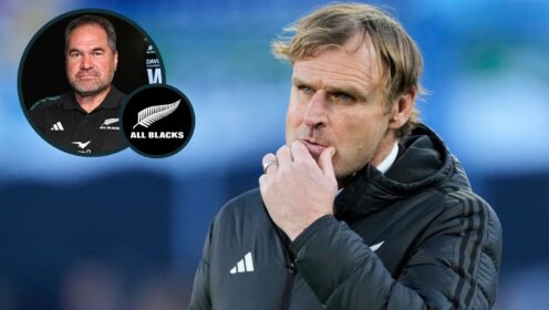 Former All Blacks head coach Scott Robertson and current boss Dave Rennie (inset).