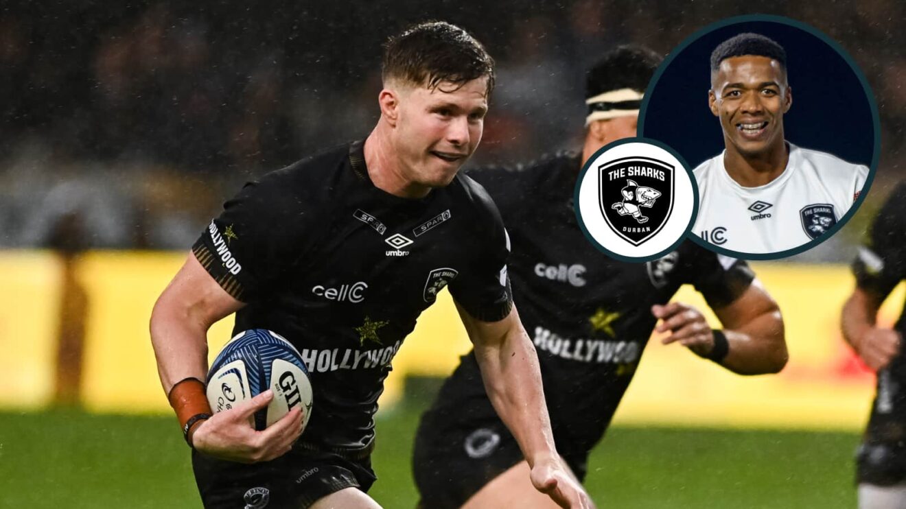Sharks centre Ethan Hooker (INPHO/Steve Haag Sports/Darren Stewart/EPCR) and an inset of Grant Williams (Andrew SURMA/SIPA USA)