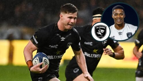 Sharks centre Ethan Hooker (INPHO/Steve Haag Sports/Darren Stewart/EPCR) and an inset of Grant Williams (Andrew SURMA/SIPA USA)