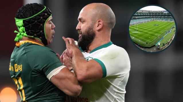 Ireland taking on South Africa in November 2025 and general view of Twickenham Stadium (inset).