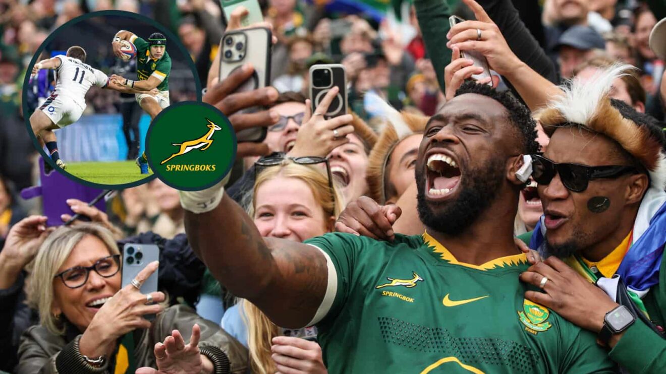 Siya Kolisi with Springboks fans and an inset of Cheslin Kolbe in action against England.