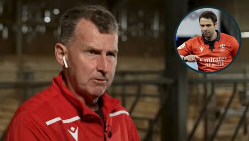 Former Test referee Nigel Owens and Nika Amashukeli (inset), who officiated the France v England Six Nations clash.