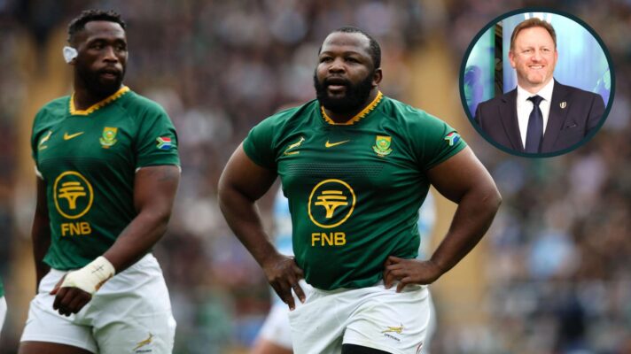 Siya Kolisi and Ox Nche in action for the Springboks in the Rugby Championship, and World Rugby CEO Alan Gilpin (inset).
