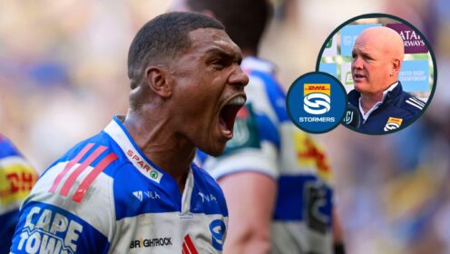 Stormers star Damian Willemse and an inset of head coach John Dobson.