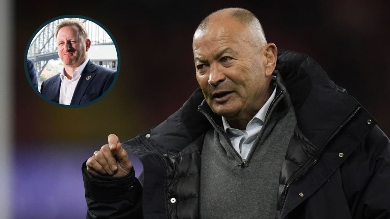 Current Japan head coach Eddie Jones and World Rugby CEO Alan Gilpin.