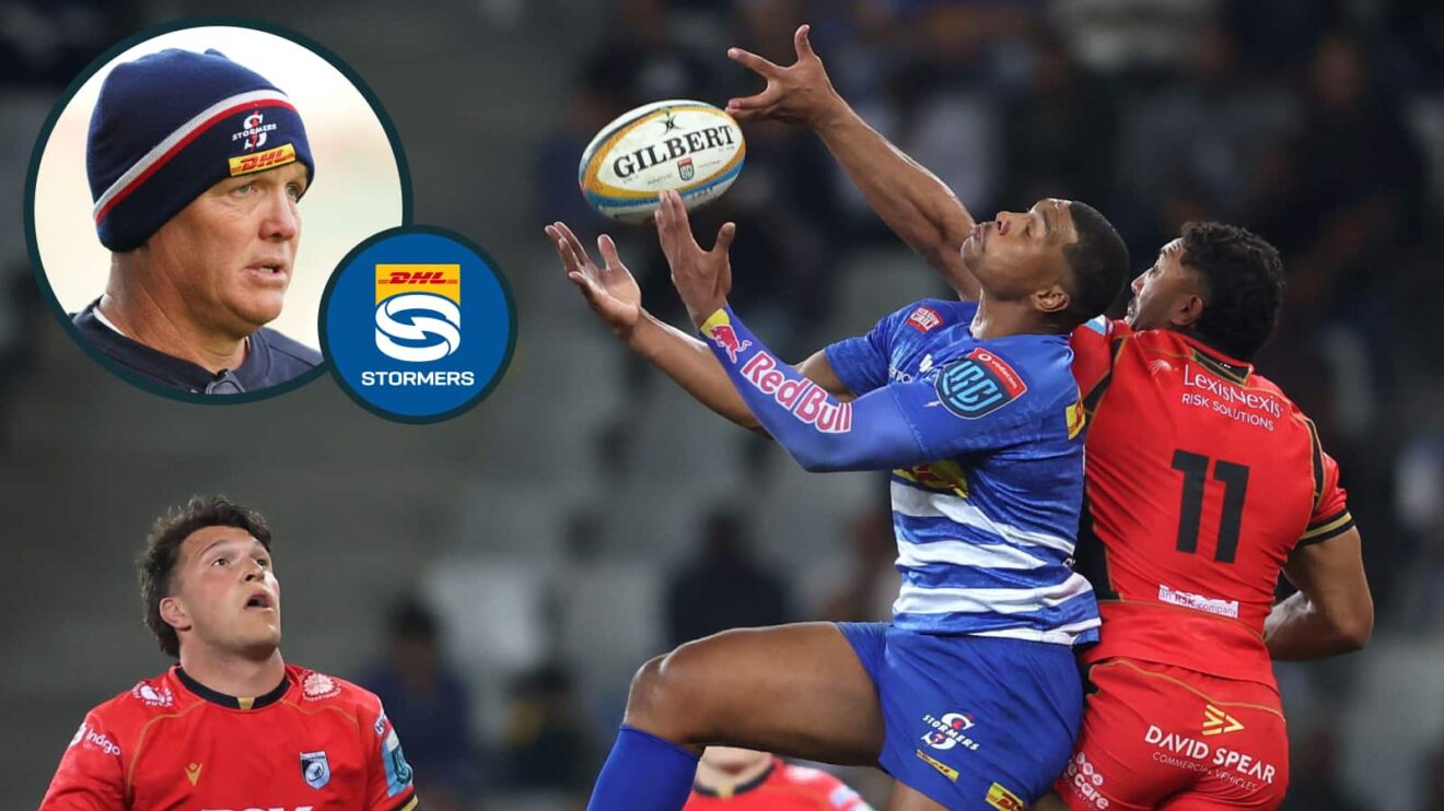 Damian Willemse and an inset of Stormers head coach John Dobson