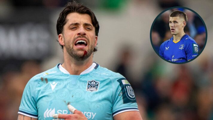 Glasgow Warriors fly-half Adam Hastings and Leinster playmaker Sam Prendergast (inset).