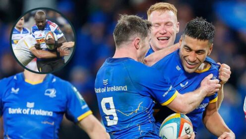 Rieko Ioane scoring a try for Leinster and the Irish province playing against the Stormers in South Africa (inset).