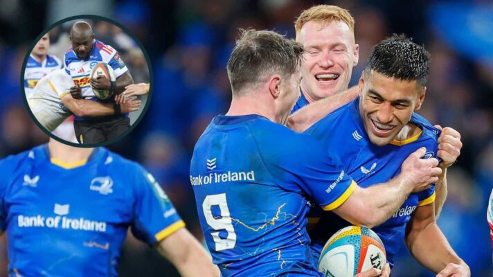 Rieko Ioane scoring a try for Leinster and the Irish province playing against the Stormers in South Africa (inset).