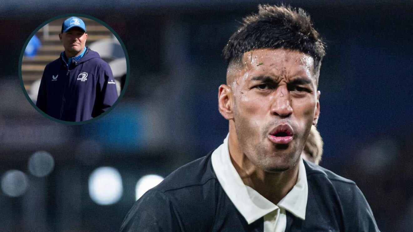 Rieko Ioane in action for the All Blacks and Leinster senior coach Jacques Nienaber (inset).