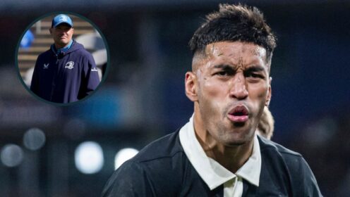 Rieko Ioane in action for the All Blacks and Leinster senior coach Jacques Nienaber (inset).