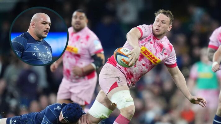 Harlequins captain Alex Dombrandt and an inset of Bristol Bears prop Ellis Genge.